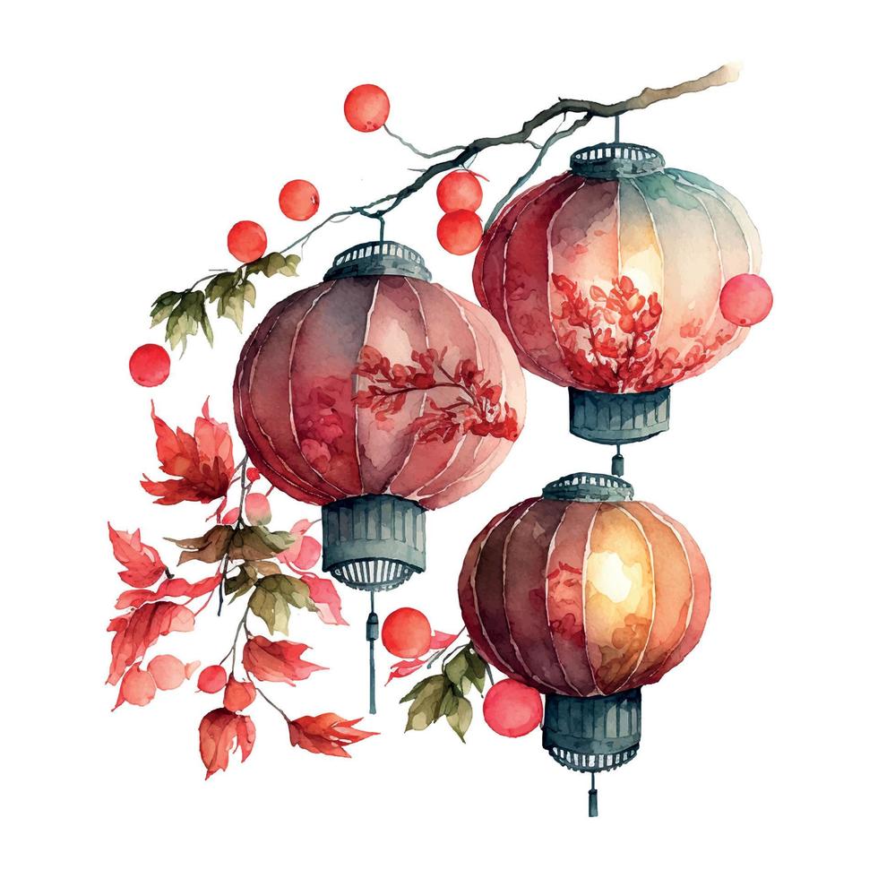 Chinese nieuw jaar feestelijk vector kaart ontwerp Aan waterverf achtergrond Chinese rood lantaarns