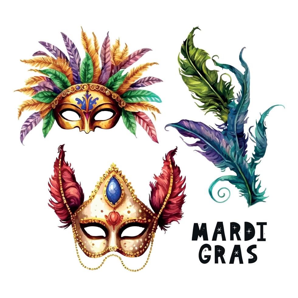 samenstelling voor mardi gras. groep van traditioneel voorwerpen. masker, kralen en veren. hand- getrokken waterverf illustratie Aan wit achtergrond vector