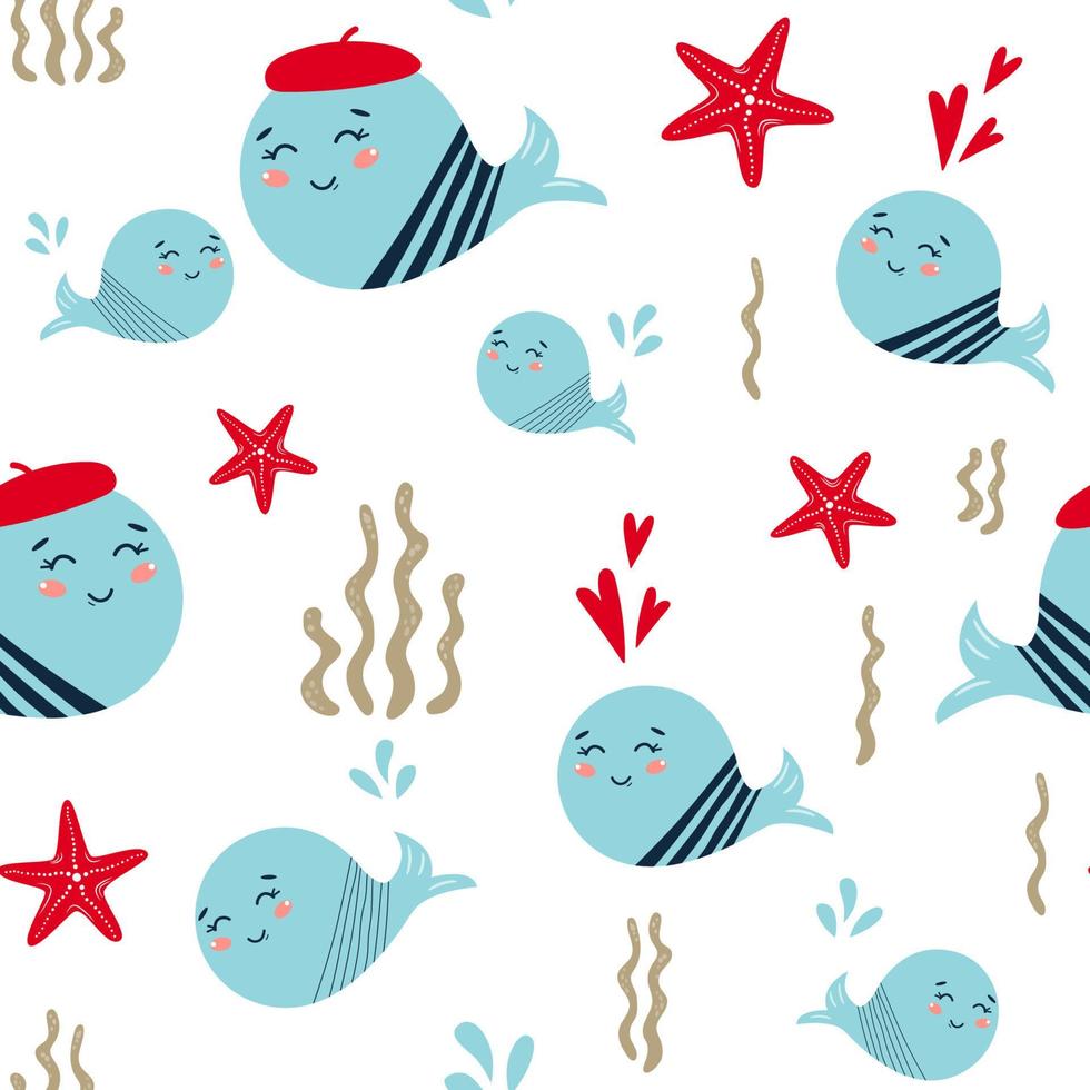 walvis baby patroon schattig naadloos achtergrond met tekenfilm walvissen baby douche ontwerp zee vis kinderen afdrukken behang patroon vult textiel kleding stof schattig texturen. grappig walvissen karakter vector illustratie.