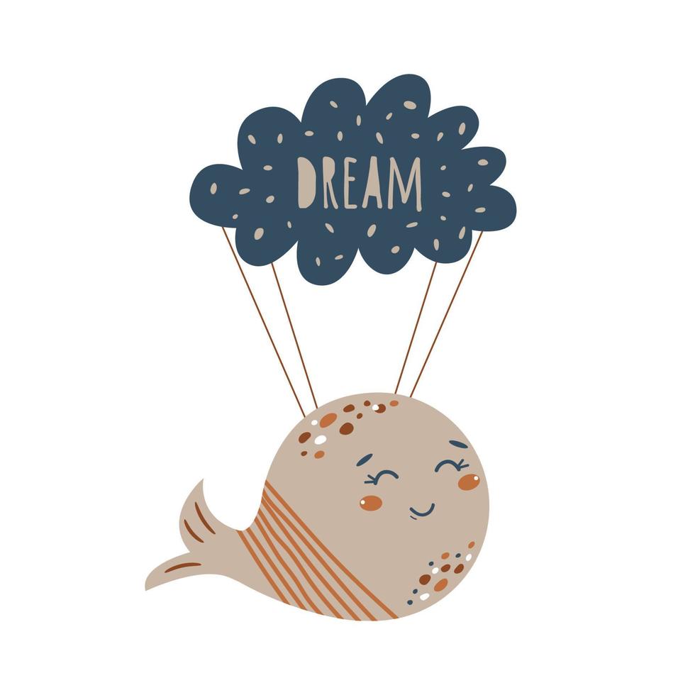 droom kaart schattig baby walvis. baby douche element. gemakkelijk vis vliegend Aan de wolk. kinderen verjaardag feest. zoet baby element geïsoleerd Aan wit. kinderkamer kinderen kamer muur kunst decoratie vector illustratie.