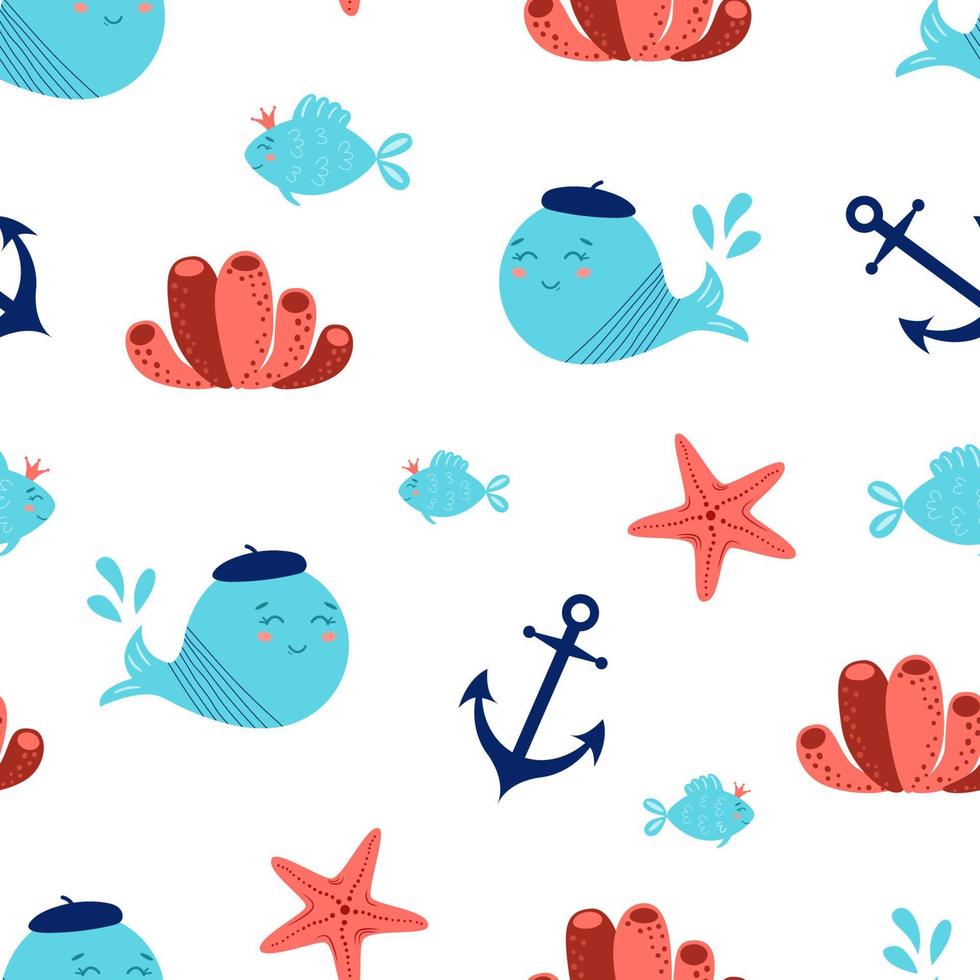 schattig onderwater- naadloos patroon zee dieren walvis, vis, anker koraal. schattig nautische achtergrond. marinier leven achtergrond. kinderen baby ontwerp voor kleding stof, textiel decor papier afdrukken behang illustratie. vector