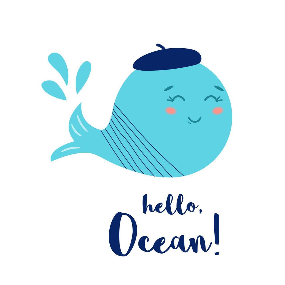 schattig blauw walvis tekst Hallo oceaan. baby afdrukken. grappig walvis karakter. hand- getrokken grafisch poster, kaart, label, folder, bladzijde, banier, baby dragen, kinderkamer. zee spandoek. grappig kinderen illustratie. muur kunst. vector