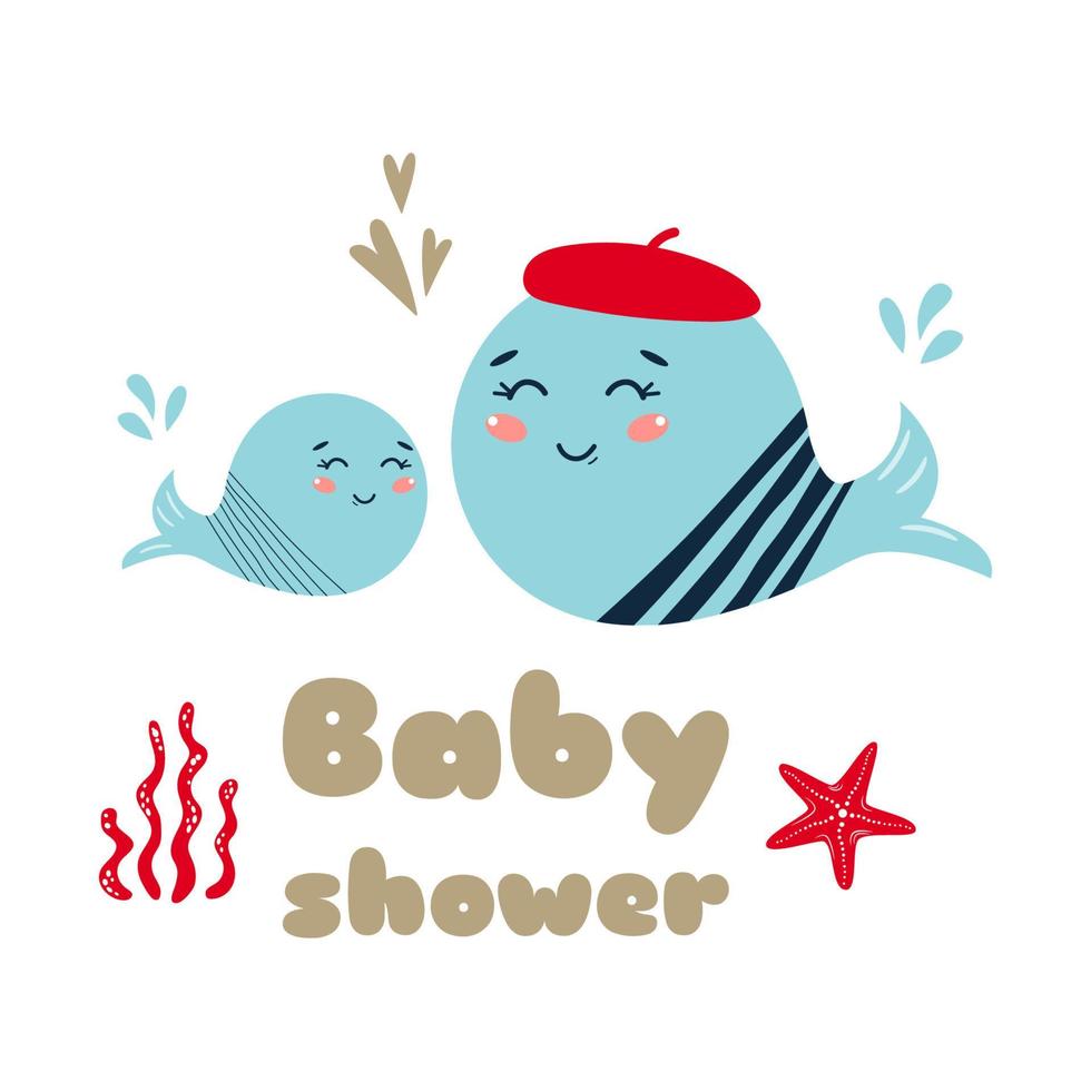 walvis baby douche ontwerp schattig walvis kaart. blauw schattig walvis met mama, opschrift baby douche Aan wit achtergrond. uitnodiging kaart sjabloon voor een vakantie, verjaardag. grappig karakter. vector illustratie.