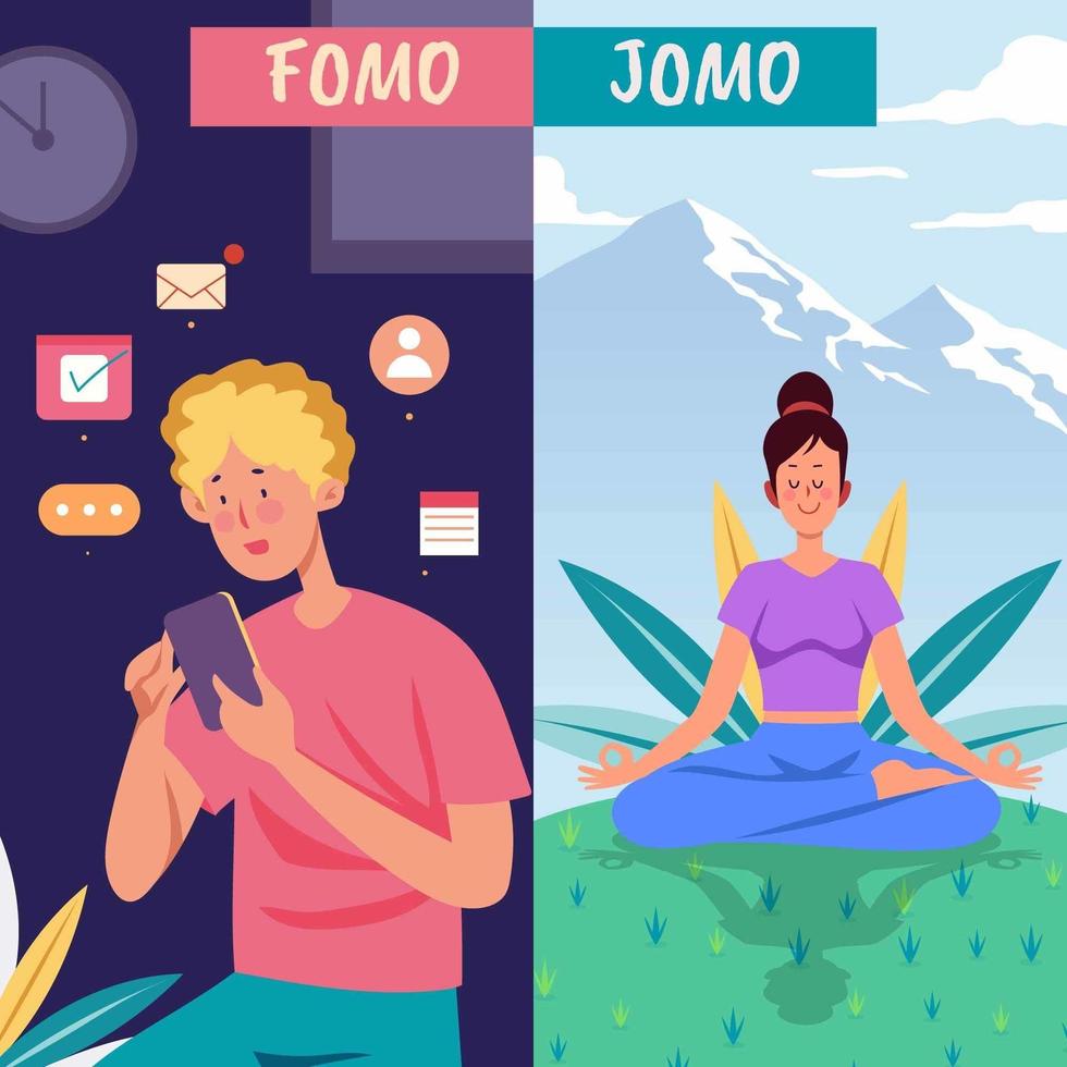 moderne generatie fomo vs jomo vector