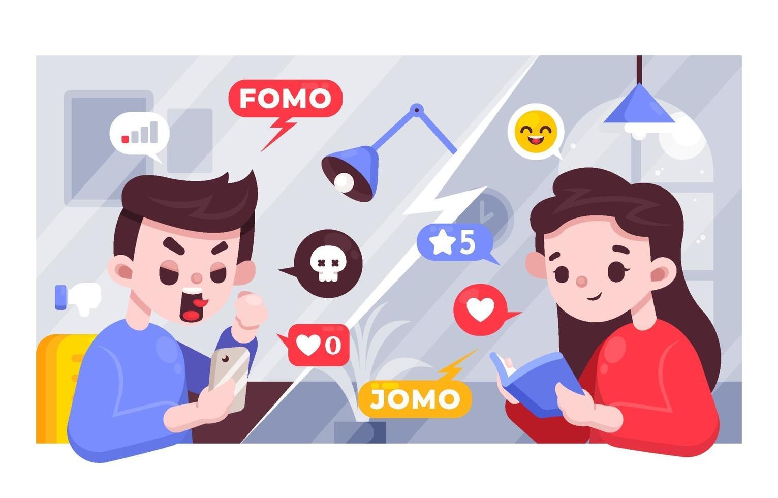 fomo vs jomo illustratie concept vector