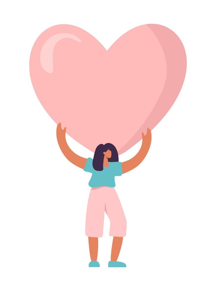 klein vrouw blijven met groot hart vlak vector illustratie. concept van romance mensen Valentijn dag sharing liefde, liefdadigheid. bijstand, helpen, ondersteuning concept