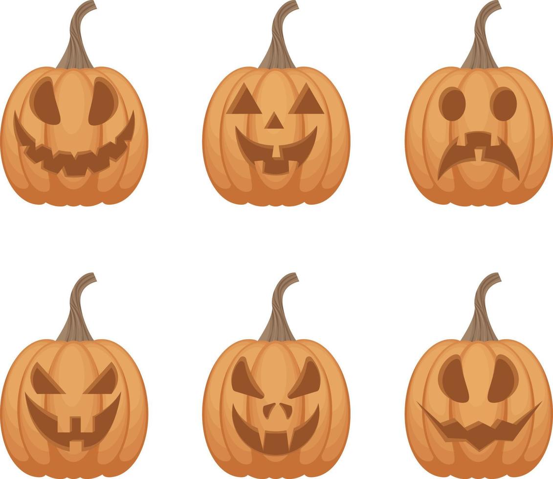 een helder feestelijk reeks met de beeld van jack-o-lanterns pompoenen. pompoenen zijn de symbool van de halloween vakantie in oranje kleur met divers emoties. oranje is een attribuut van allemaal heiligen dag vector