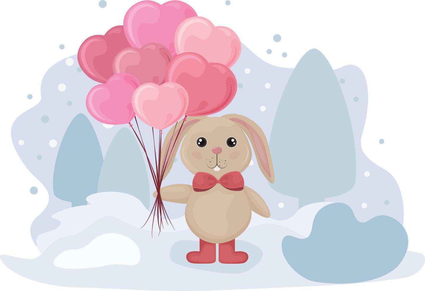 konijn met ballonnen in de vorm van een hart. feestelijk illustratie voor Valentijn s dag. een haas met harten in zijn handen staat tegen de achtergrond van een winter landschap. schattig tekenfilm konijn vector