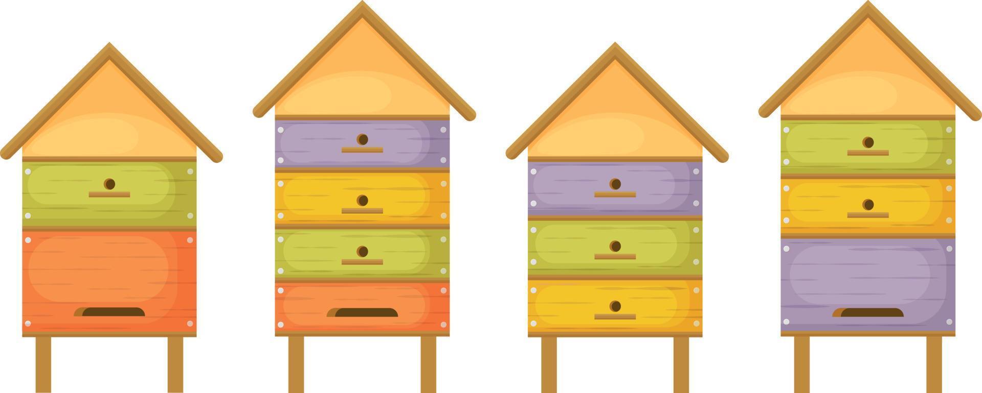 bijenkorf. bijenkorven. vier houten bijenkorven in de het formulier van huizen. kleurrijk bijenkorven in tekenfilm stijl. huizen voor honing bijen. vector illustratie geïsoleerd Aan een wit achtergrond