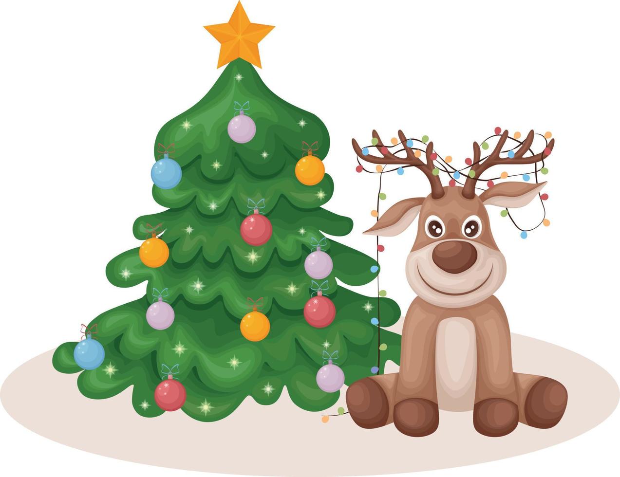 hert in de buurt de Kerstmis boom. Kerstmis illustratie met de beeld van een schattig hert zittend in de buurt een versierd Kerstmis boom. een hert met slingers Aan haar hoorns. vector illustratie