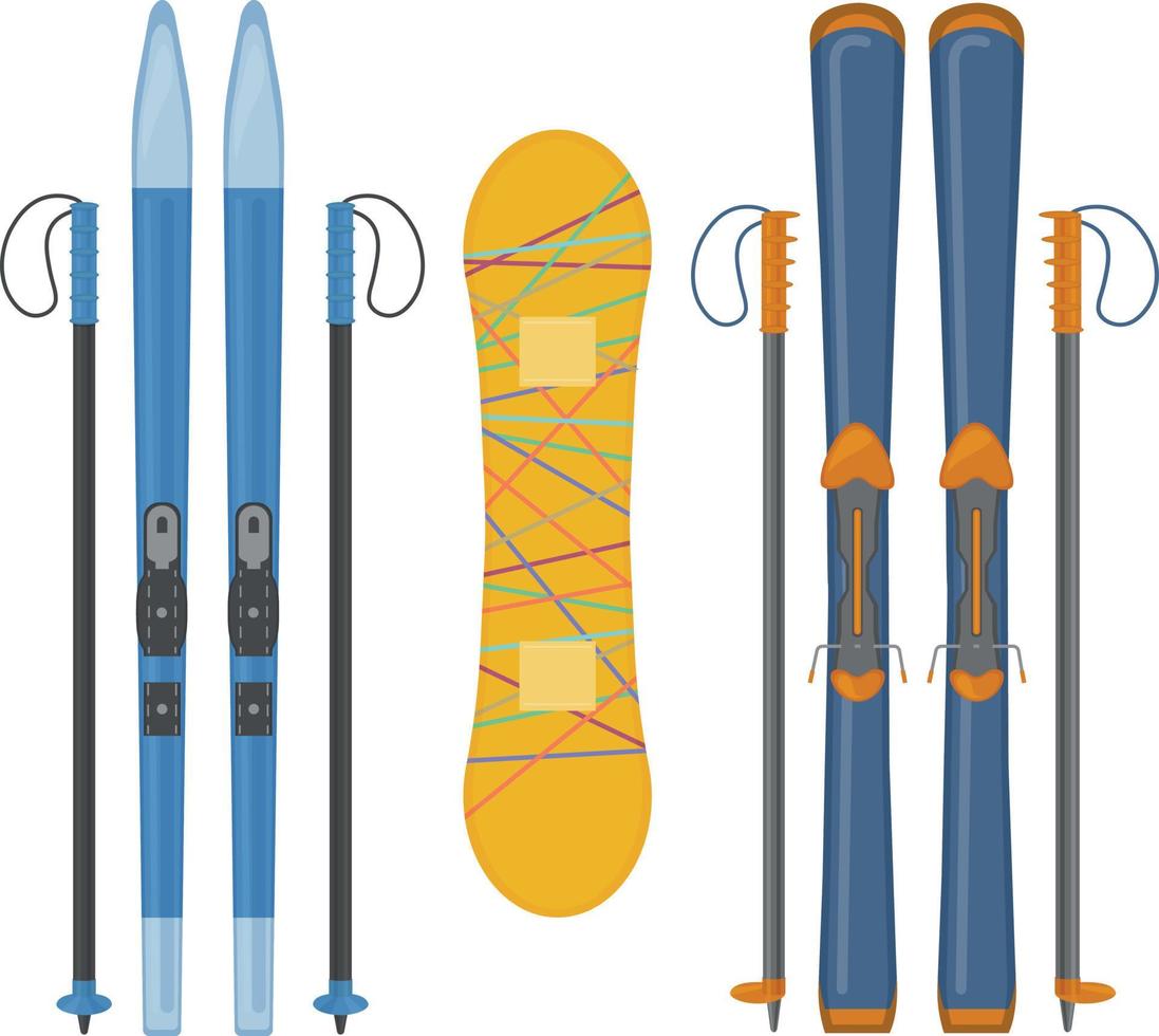 skiën en snowboarden. een reeks met afbeeldingen van cross-country skiën, snowboarden en bergafwaarts skiën. sport- uitrusting voor sport- en buitenshuis activiteiten. vector illustratie Aan een wit achtergrond