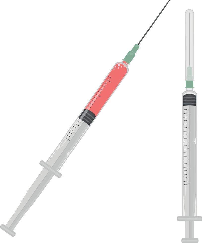 twee dun plastic medisch spuiten. een insuline injectiespuit met rood medicijnen en leeg. medisch uitrusting voor injecties en vaccinaties. vector illustratie Aan een wit achtergrond