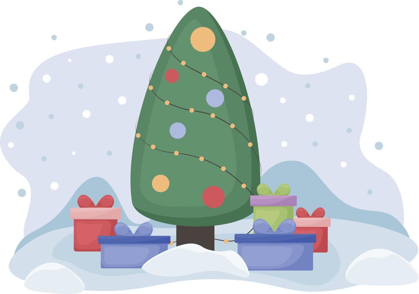 Kerstmis boom. schattig tekenfilm beeld van een Kerstmis boom versierd met Kerstmis ballen. Kerstmis boom met geschenken, tegen de achtergrond van sneeuwval. vector illustratie