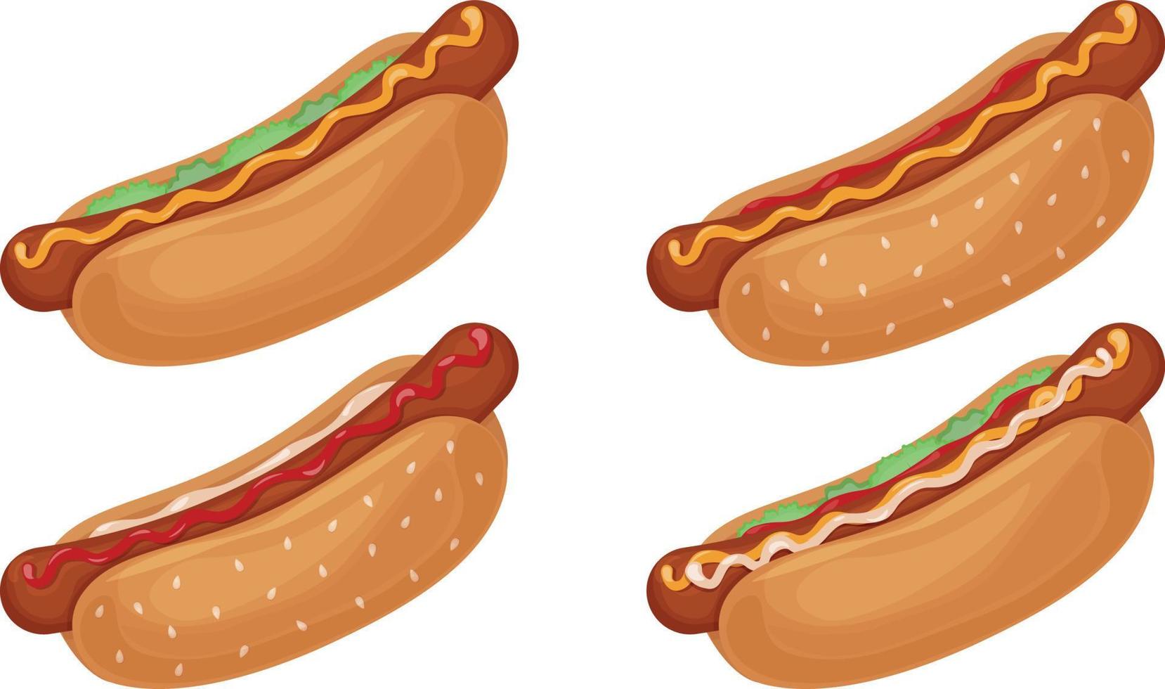 een smakelijk reeks van vier heet honden. heerlijk sappig heet honden met worst, ketchup, mayonaise, mosterd en sla blad. snel voedsel in tekenfilm stijl. vector illustratie Aan een wit achtergrond