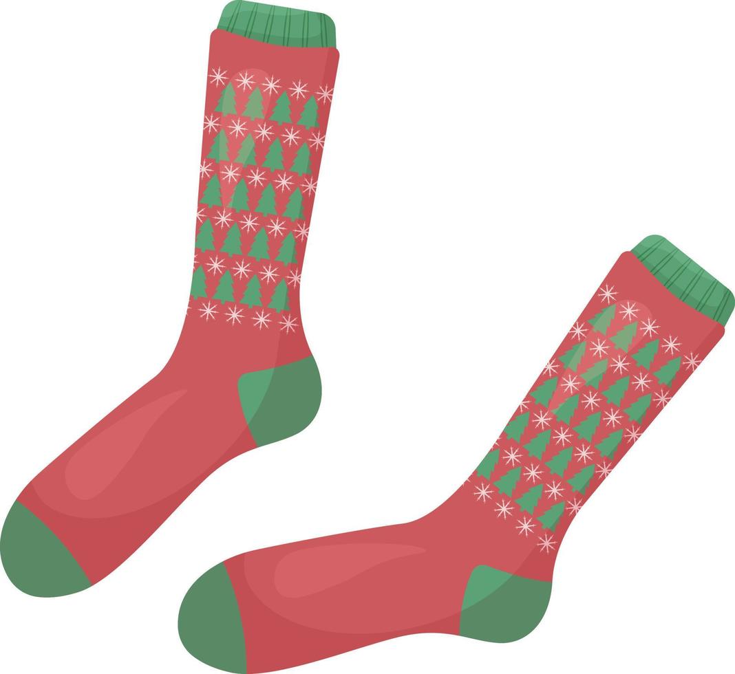 helder rood Kerstmis sokken met de beeld van groen Kerstmis bomen. nieuw jaar s warm sokken. een stuk van kleding met symbolen van Kerstmis en nieuw jaar. warm kleren, vector illustratie