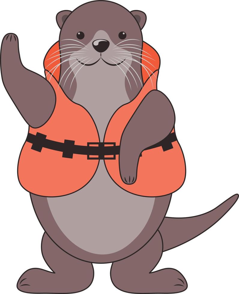 Otter. schattig glimlachen Otter in een oranje leven jasje. Otter redder golven zijn poot. schattig tekenfilm dier. vector illustratie geïsoleerd Aan een wit achtergrond