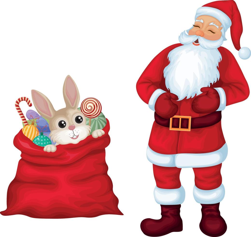 de kerstman claus. schattig lachend de kerstman claus is staand De volgende naar een zak van geschenken, van welke een schattig haas looks uit. de konijn is een symbool van de nieuw jaar met de kerstman claus. vector illustratie