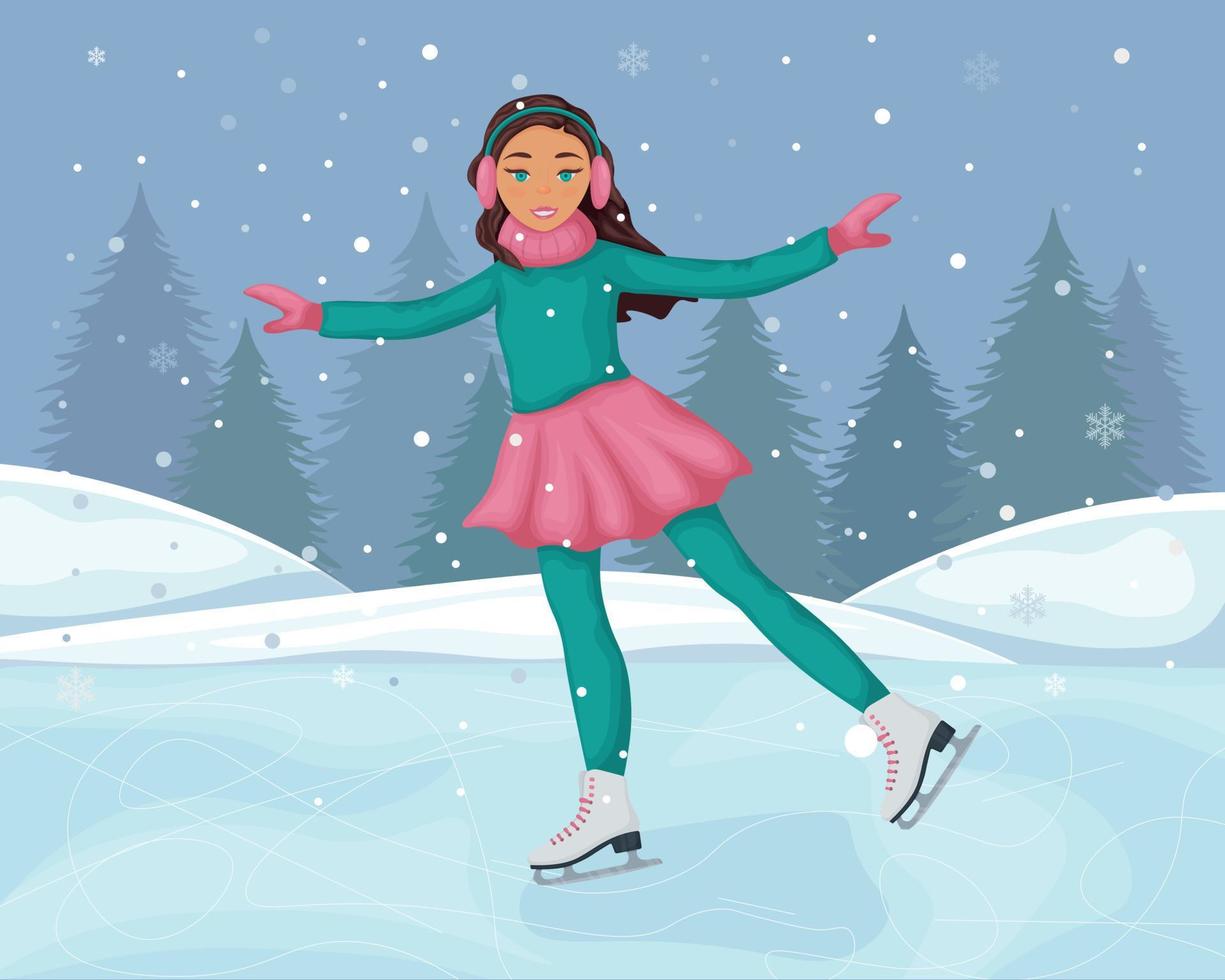 een meisje Aan schaatsen. winter illustratie met de beeld van een schattig glimlachen meisje het schaatsen. figuur het schaatsen Aan ijs. winter landschap met maan en met sneeuw bedekt Woud. vector