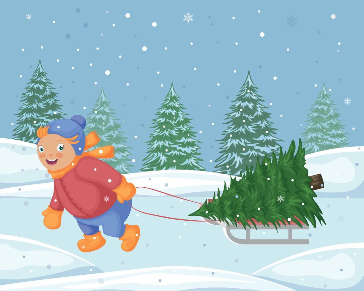 een jongen met een Kerstmis boom Aan een slee. winter illustratie met een kind trekken een slee Aan welke een Kerstmis boom is liegen. landschap met winter Woud en sneeuw. vector illustratie