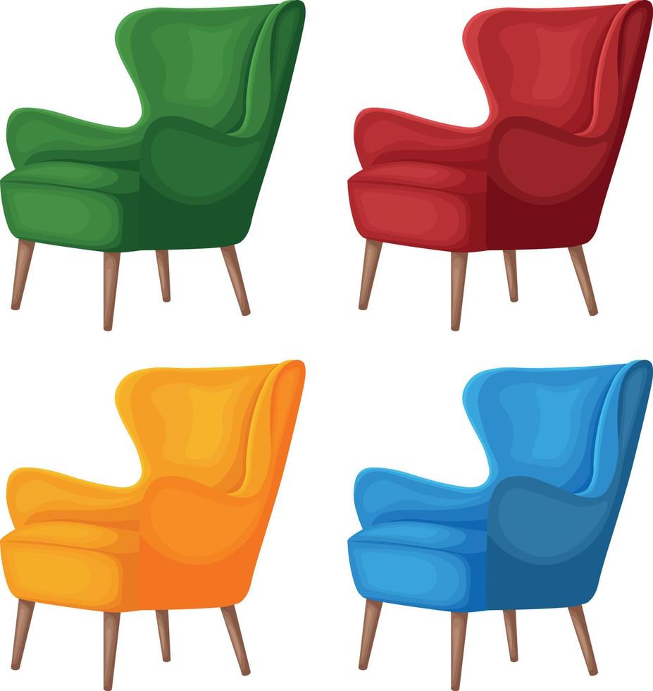 wijnoogst stoelen. vier retro stijl fauteuils. rood, groente, blauw en geel stoel. gestoffeerd meubilair voor de leven kamer. interieur items Aan een wit achtergrond vector