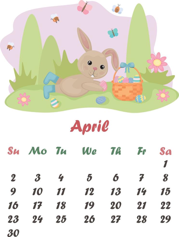 kalender april. een schattig konijn is aan het liegen met een mand van Pasen eieren. kalender met tekenfilm konijn. vector illustratie