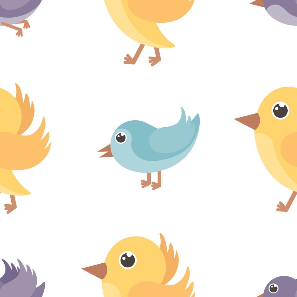 tekenfilm vogels. naadloos patroon met de beeld van schattig vogelstand in blauw, Purper en geel kleuren. kinderen s patroon voor het drukken en geschenk inpakken. vector illustratie