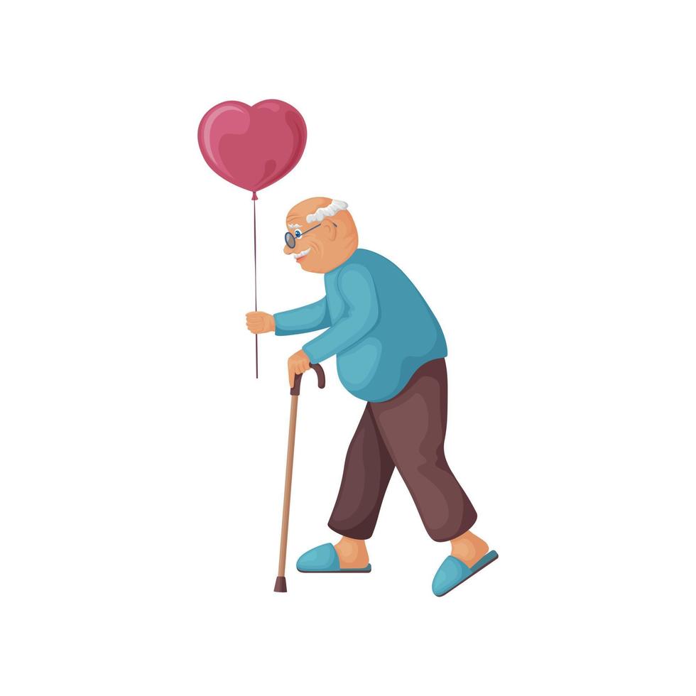 opa met een ballon. schattig opa met een ballon in zijn handen. een ouderen Mens houdt een ballon in de vorm van een hart. vector illustratie in tekenfilm stijl