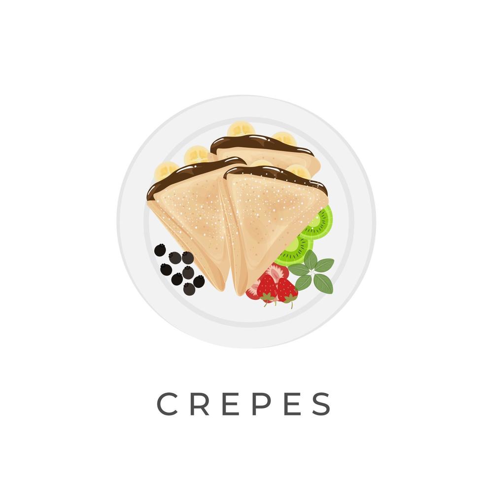 crêpe pannenkoek vector illustratie logo met gesmolten chocola vulling en fruit