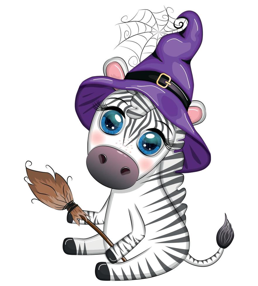schattig zebra in heks hoed, met bezem, pompoen krik, magie toverdrank. poster, kaart, etiket en decoratie voor halloween vector