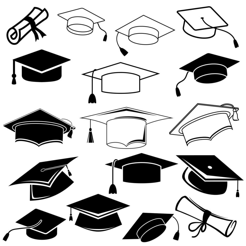 diploma uitreiking hoed vector icoon set. onderwijs illustratie teken verzameling. Universiteit symbool. leerling logo.