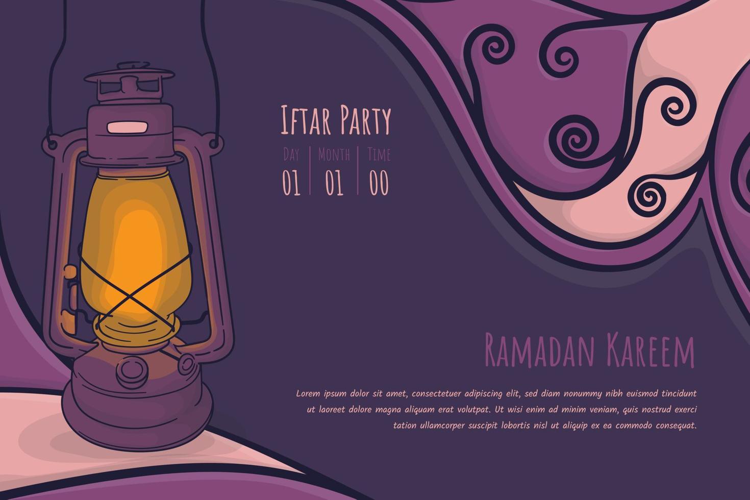 Purper Ramadan kareem achtergrond sjabloon met hand- getrokken ontwerp in een nacht humeur vector