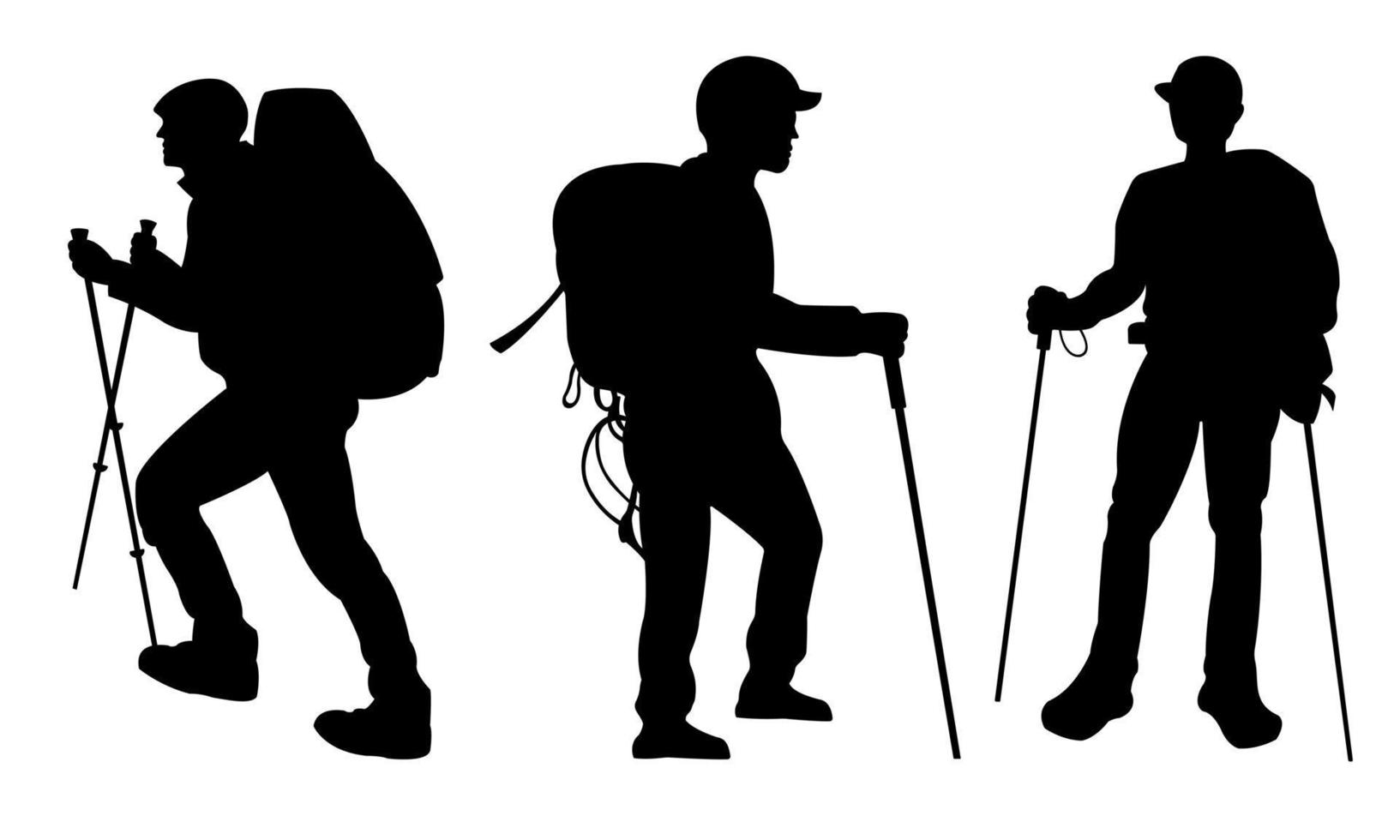 Aan een wit achtergrond, vector silhouetten van individuen wandelen met rugzakken.