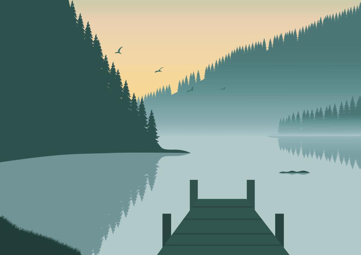 landschap met meer en pier. vector illustratie in vlak stijl.