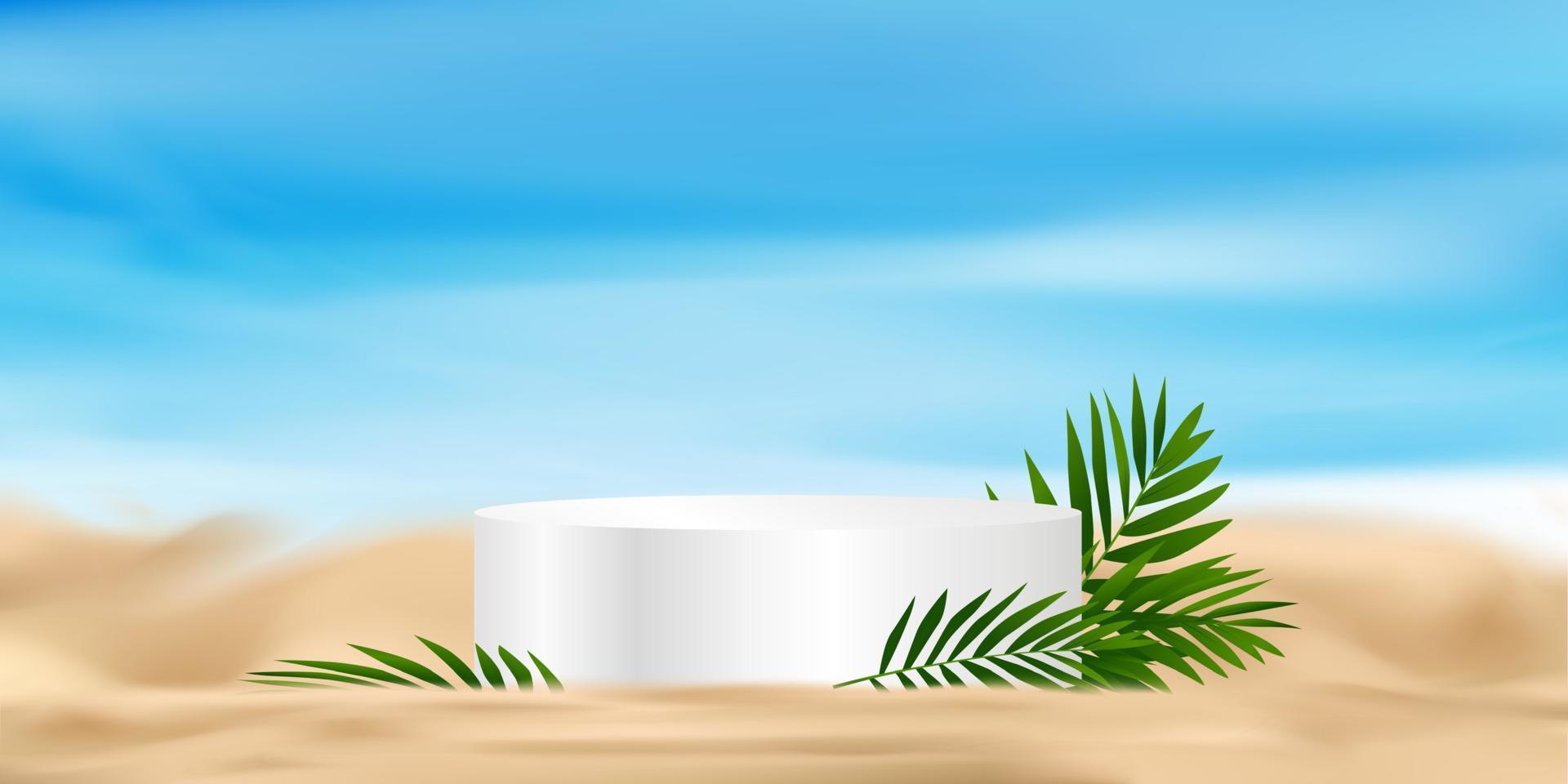 zomer achtergrond 3d staan podium met kokosnoot palm bladeren Aan strand zand door zee kust met blauw hemel, natuurlijk zeegezicht tropisch strand met wazig horizon, vector backdrop banier kunstmatig Product Scherm