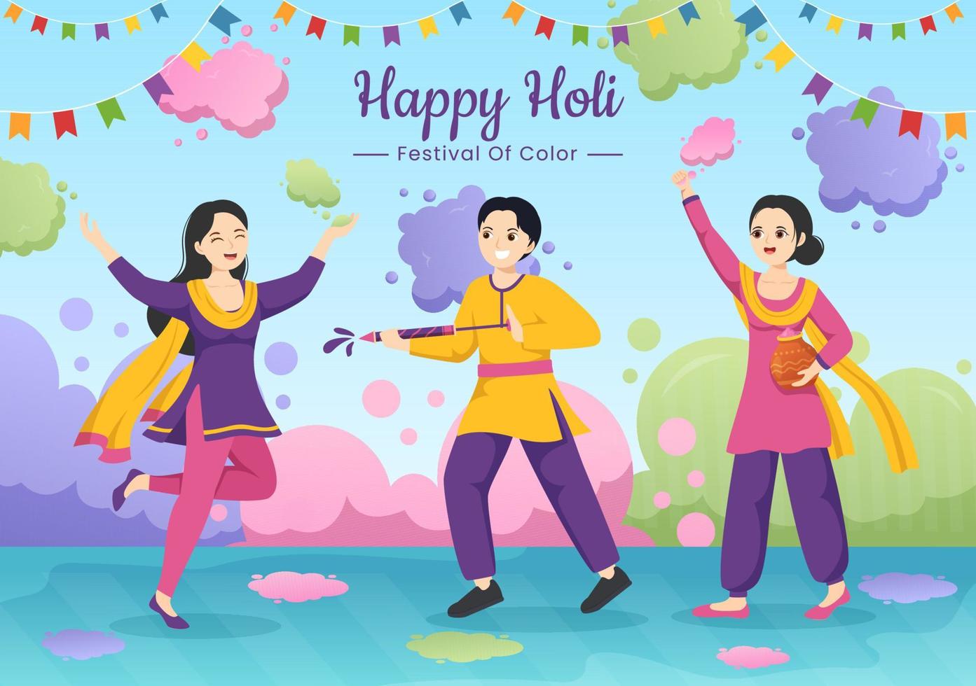 gelukkig holi festival illustratie met kleurrijk pot en poeder in Hindi voor web banier of landen bladzijde in vlak tekenfilm hand- getrokken Sjablonen vector