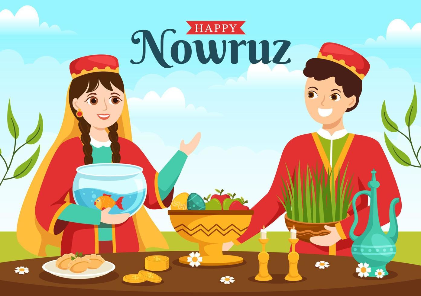 gelukkig Nowruz dag of Iraans nieuw jaar illustratie met gras semeni en vis voor web banier of landen bladzijde in vlak tekenfilm hand- getrokken Sjablonen vector