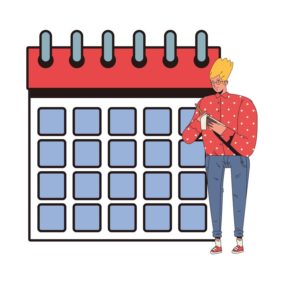 jonge man schrijven met potlood en kalender vector