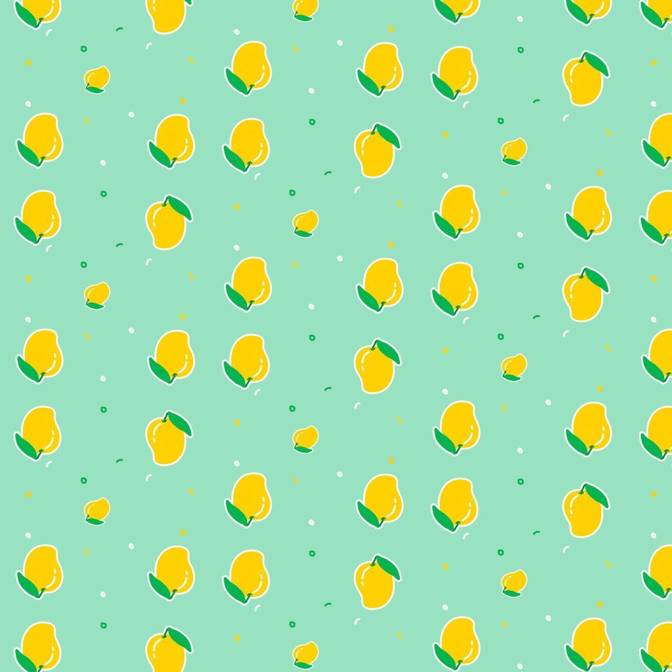 naadloze patroon met verse heldere exotische hele en gesneden mango geïsoleerd op een witte achtergrond. zomerfruit voor een gezonde levensstijl. biologisch fruit. cartoon-stijl. vectorillustratie voor elk ontwerp. vector