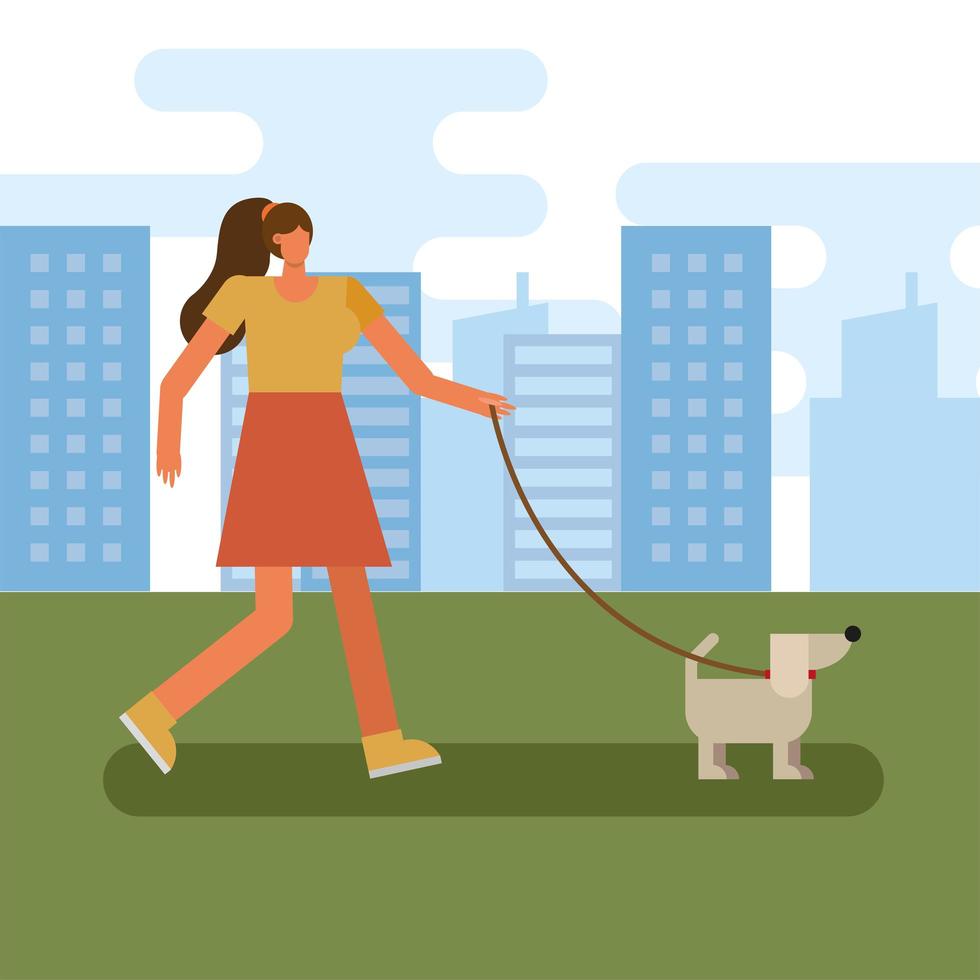 jonge vrouw wandelen met de hond buitenshuis vector