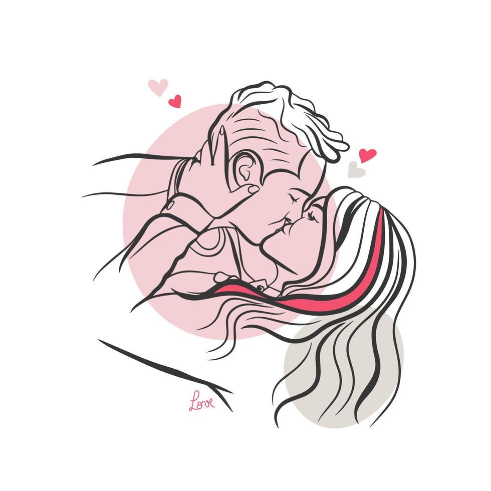 vector illustratie van een paar in liefde, gepassioneerd kus, warm gevoelens, tekening