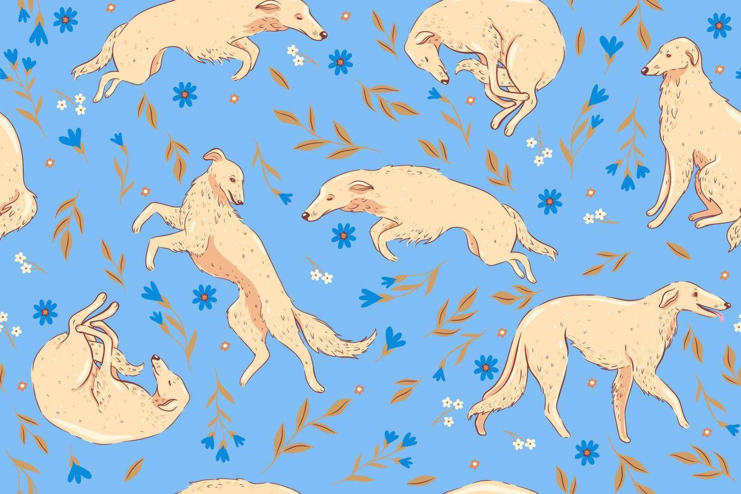 naadloos patroon met borzoi en bloemen. vector grafiek.