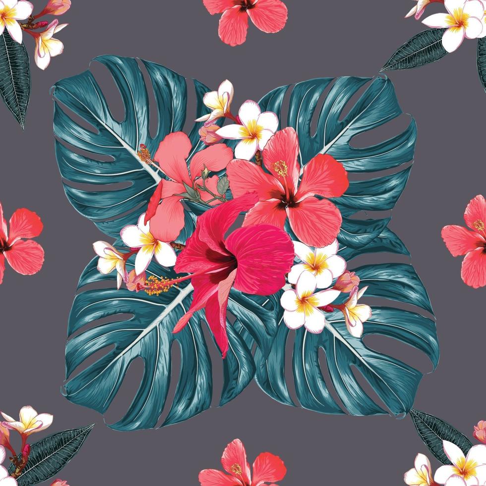 naadloze patroon tropische zomer met rode hibiscus, frangipani bloemen en groene monstera bladeren op geïsoleerde achtergrond. vector illustratie hand tekenen droge aquarel stijl. voor stofontwerp.