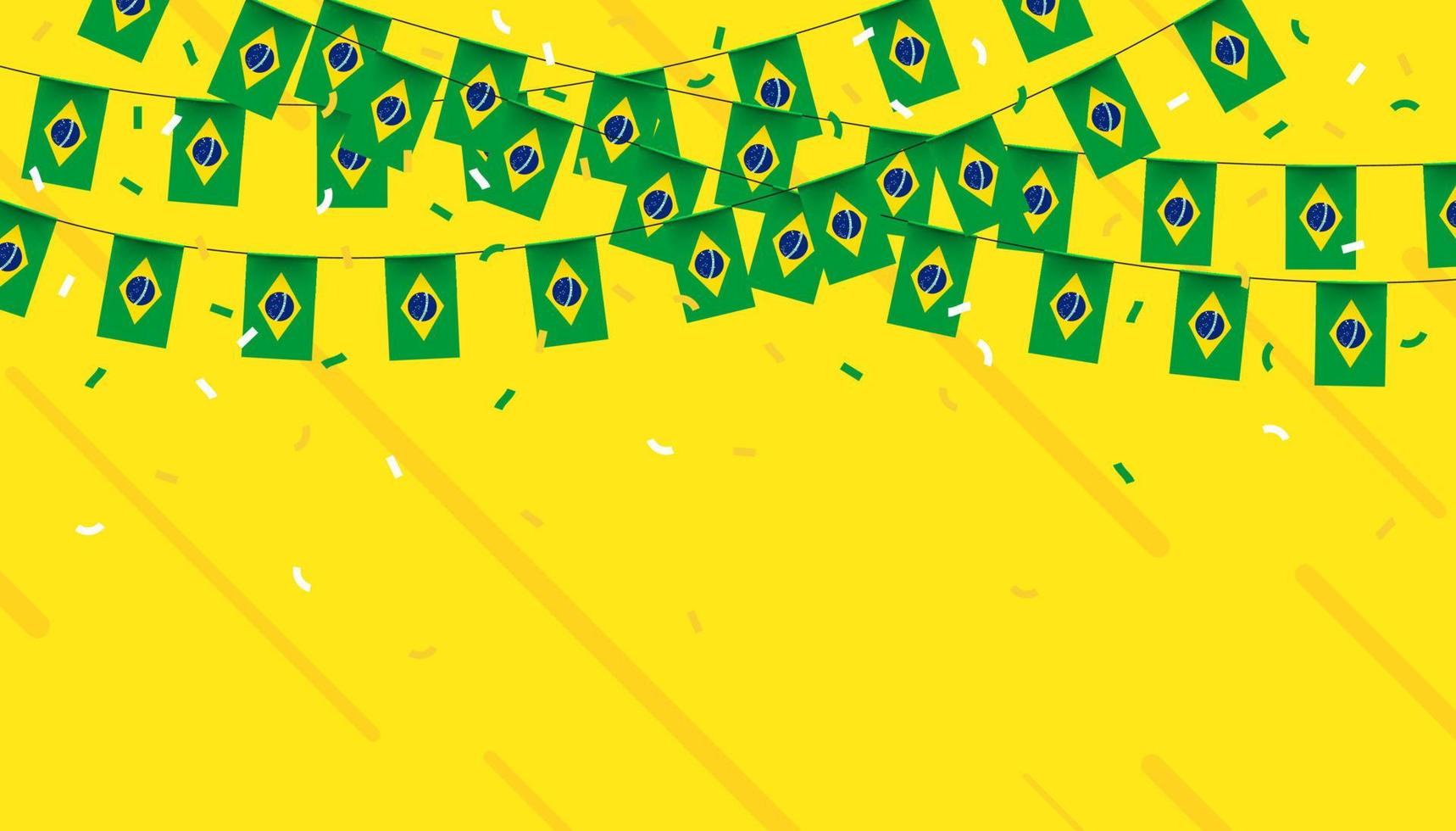 Brazilië viering vlaggedoek vlaggen met confetti en linten Aan geel achtergrond. vector illustratie.