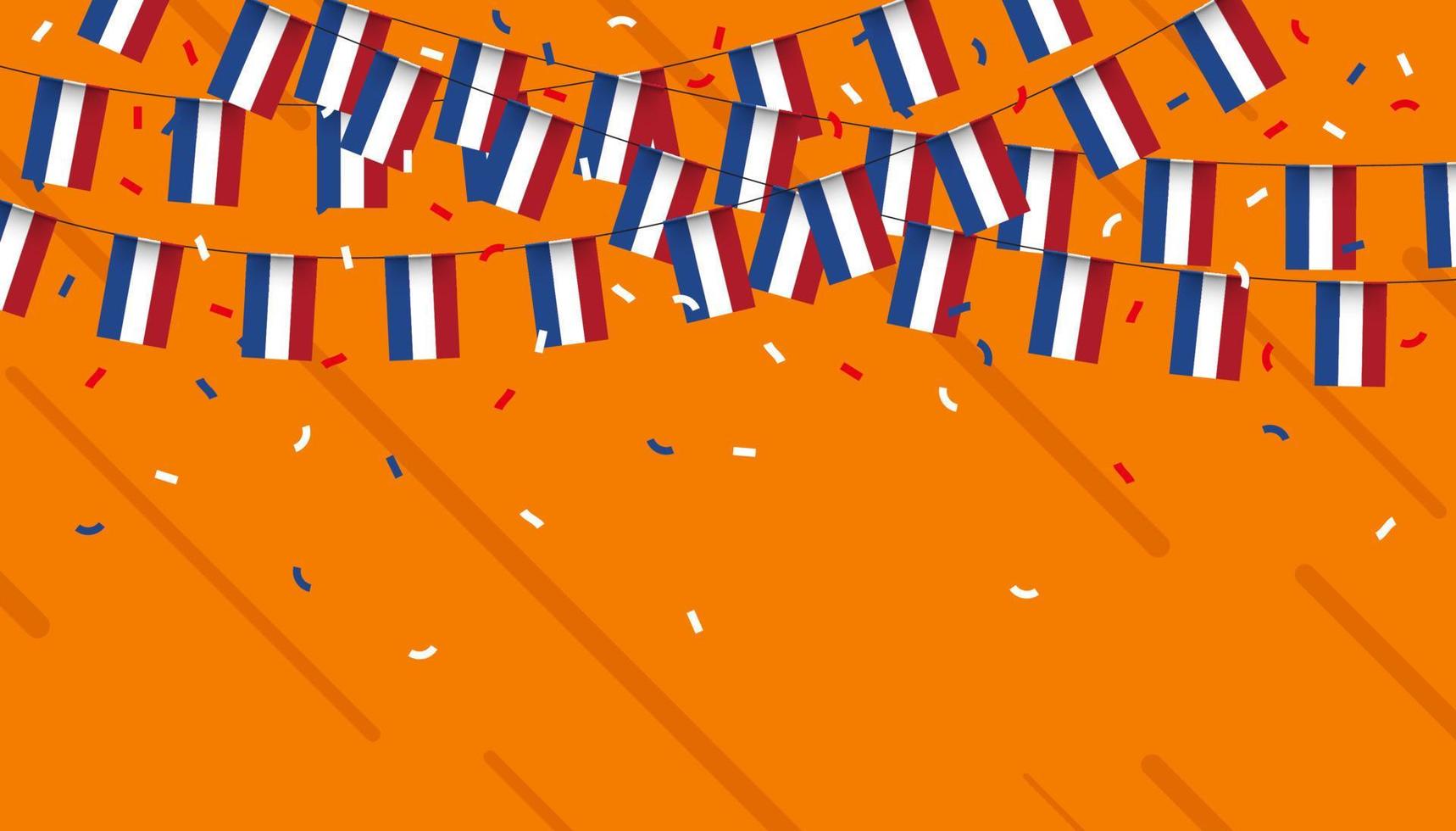 Nederland viering vlaggedoek vlaggen met confetti en linten Aan oranje achtergrond. vector illustratie.