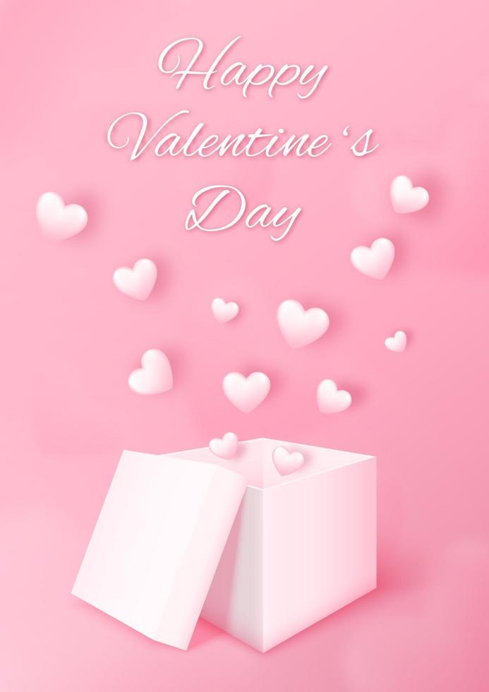 3d giftdoos met hart dat op roze achtergrond vliegt. hou van conceptontwerp voor happy Valentijnsdag. poster en wenskaartsjabloon. vector kunst illustratie.