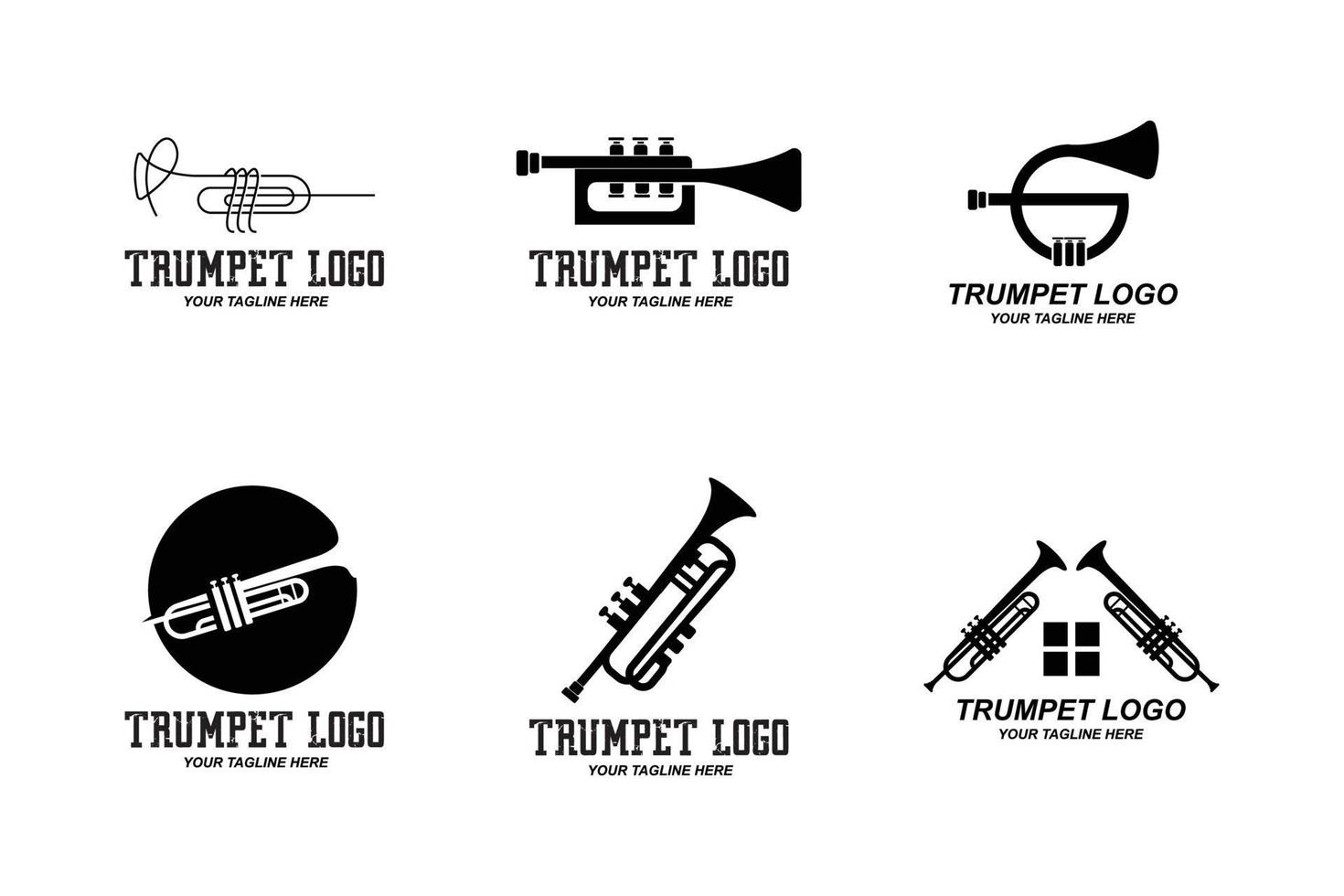 trompet logo ontwerp, melodie genereren, muziekinstrument vector schets illustratie