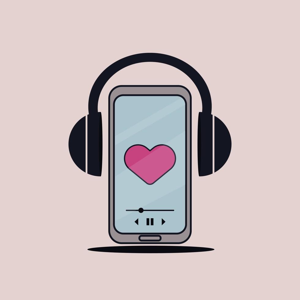muziekliefhebber concept geïllustreerd met smartphone met hoofdtelefoon die favoriete hartmuziek speelt. vector