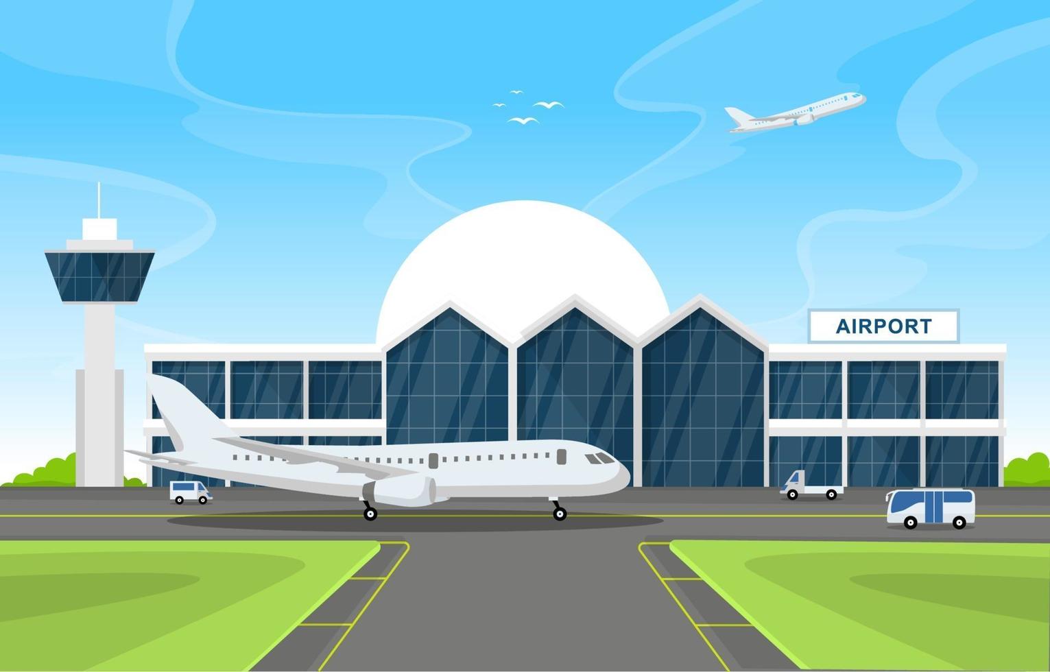 vliegtuig vliegtuig in landingsbaan luchthaven terminal gebouw landschap skyline illustratie vector