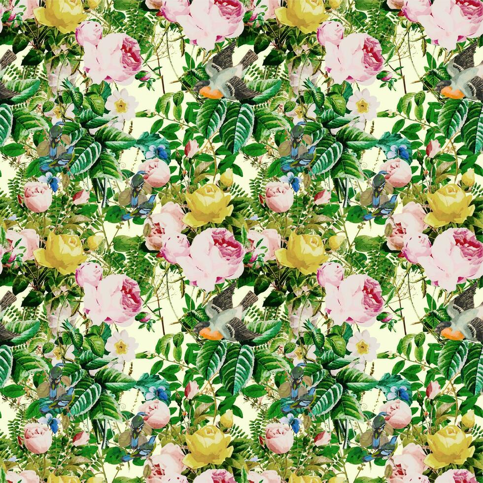 luxe naadloze bloemmotief voor het maken van textiel, behang, papier. print natuur thema's achtergrond. naadloze achtergrond met tuin bloemen, vogels en. vintage. vectorillustratie. gratis download vector