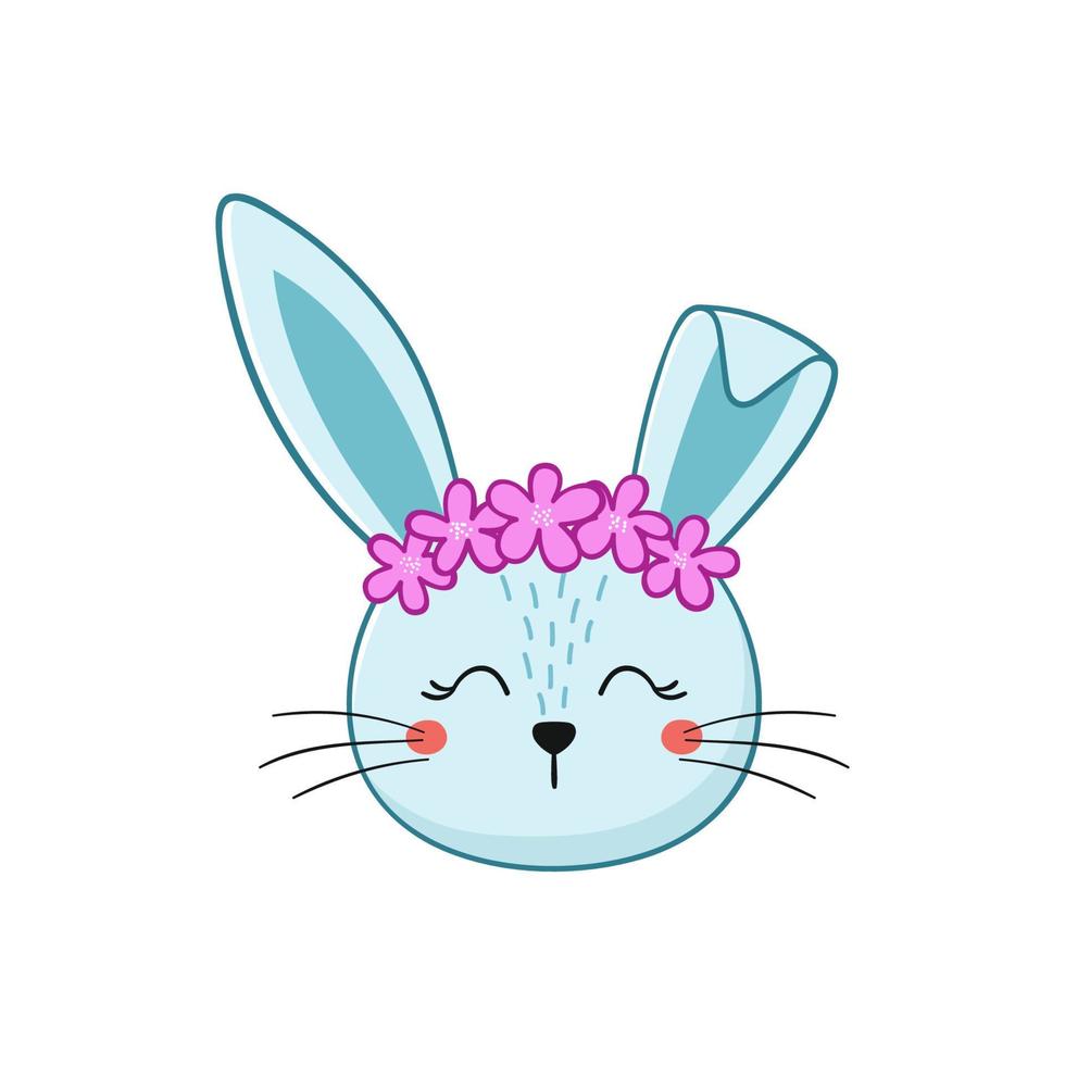 schattig blauw konijn met bloemen Aan hoofd. weinig konijn in tekenfilm stijl. vector illustratie.